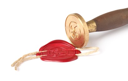 Photo of Beautiful wax stamp and red seal with twine isolated on white