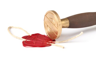 Photo of Beautiful wax stamp and red seal with twine isolated on white