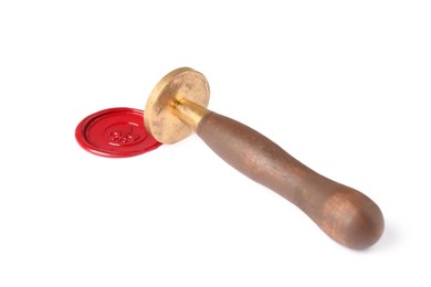 Photo of Beautiful wax stamp and red seal isolated on white