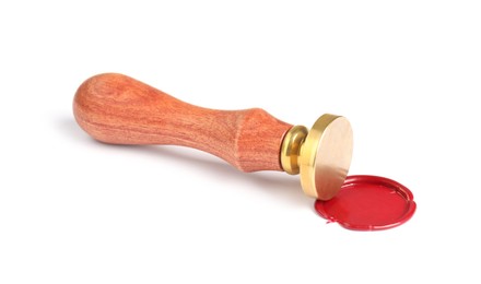 Photo of Beautiful wax stamp and red seal isolated on white