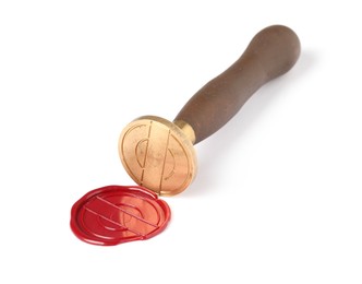 Photo of Beautiful wax stamp and red seal isolated on white