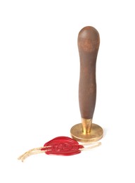 Photo of Beautiful wax stamp and red seal with twine isolated on white