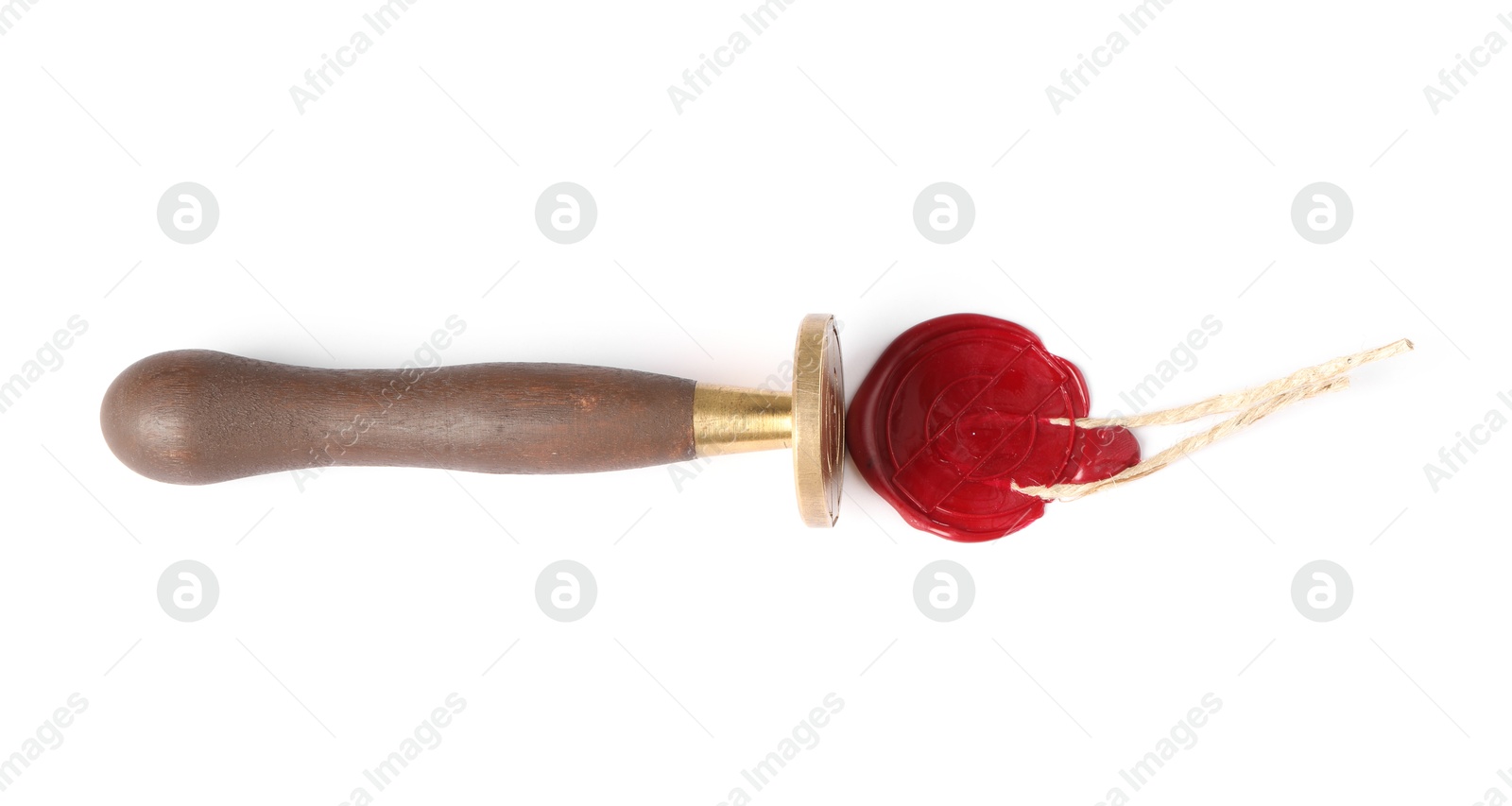 Beautiful wax stamp and red seal with twine isolated on white, top view Photo of Beautiful wax stamp and red seal with twine isolated on white, top view