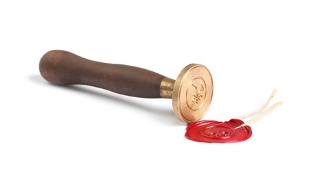 Photo of Beautiful wax stamp and red seal with twine isolated on white