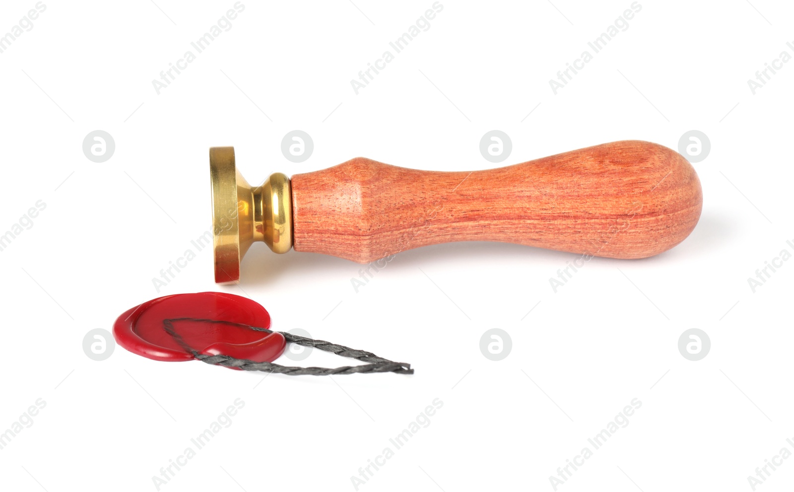 Beautiful wax stamp and red seal with twine isolated on white Photo of Beautiful wax stamp and red seal with twine isolated on white