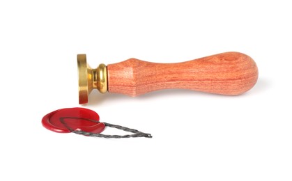 Photo of Beautiful wax stamp and red seal with twine isolated on white