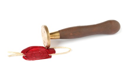 Photo of Beautiful wax stamp and red seal with twine isolated on white