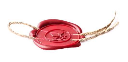 Photo of Red wax seal with twine isolated on white