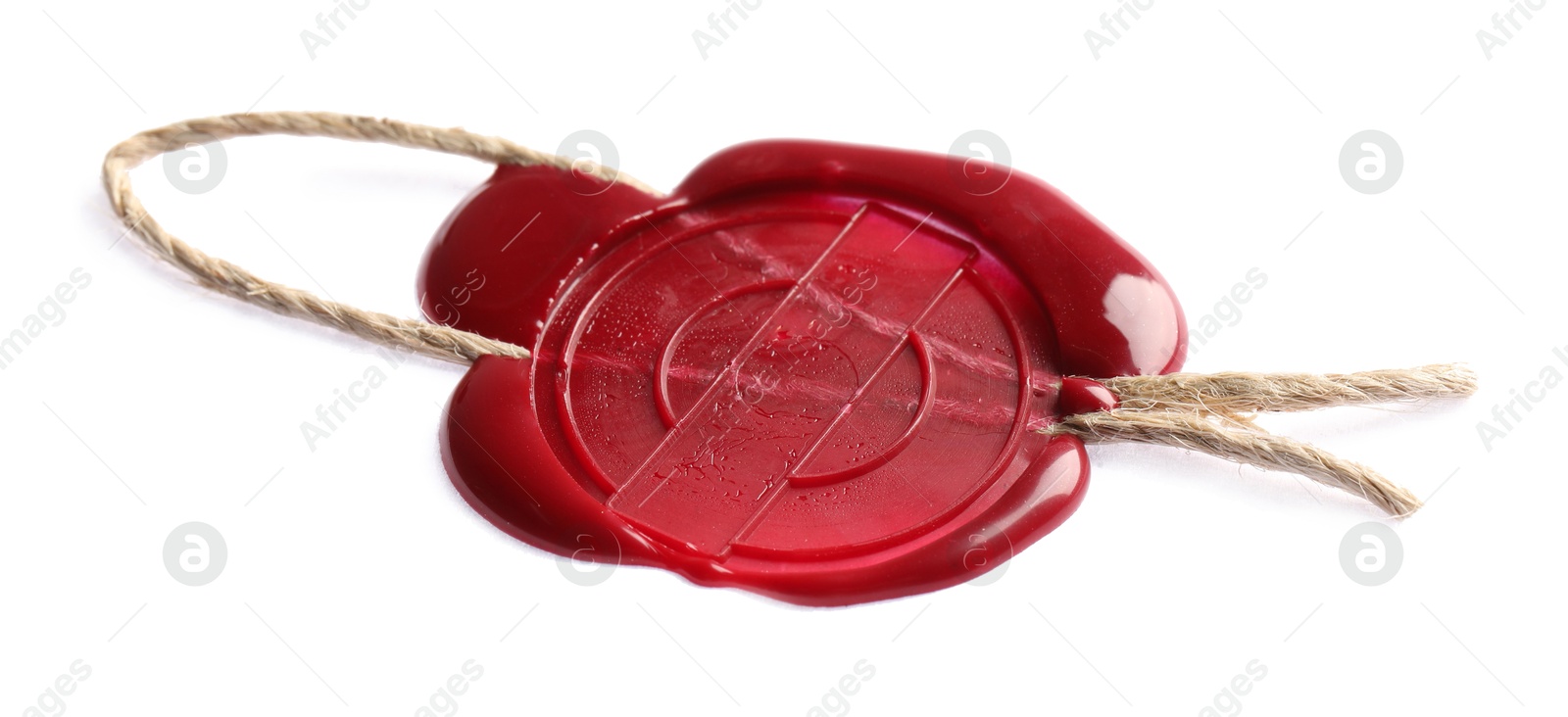 Red wax seal with twine isolated on white Photo of Red wax seal with twine isolated on white