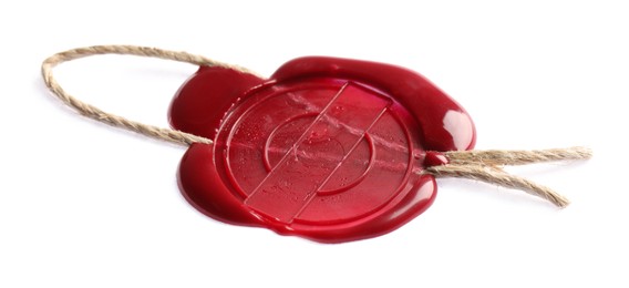 Photo of Red wax seal with twine isolated on white