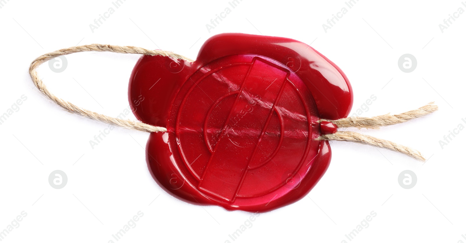 Red wax seal with twine isolated on white, top view Photo of Red wax seal with twine isolated on white, top view