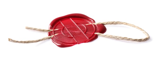 Photo of Red wax seal with twine isolated on white