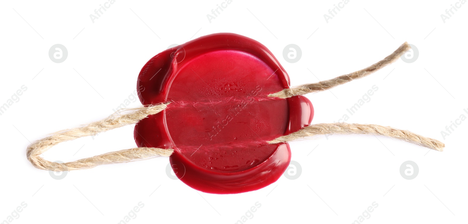 Red wax seal with twine isolated on white, top view Photo of Red wax seal with twine isolated on white, top view