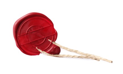 Photo of Red wax seal with twine isolated on white