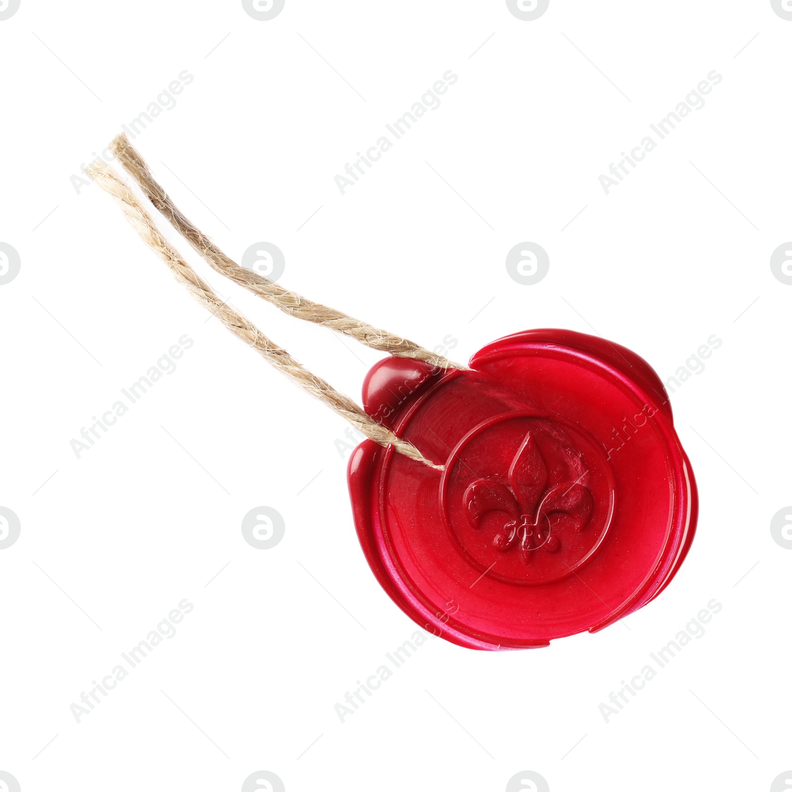 Red wax seal with twine isolated on white, top view Photo of Red wax seal with twine isolated on white, top view