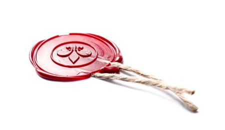 Photo of Red wax seal with twine isolated on white
