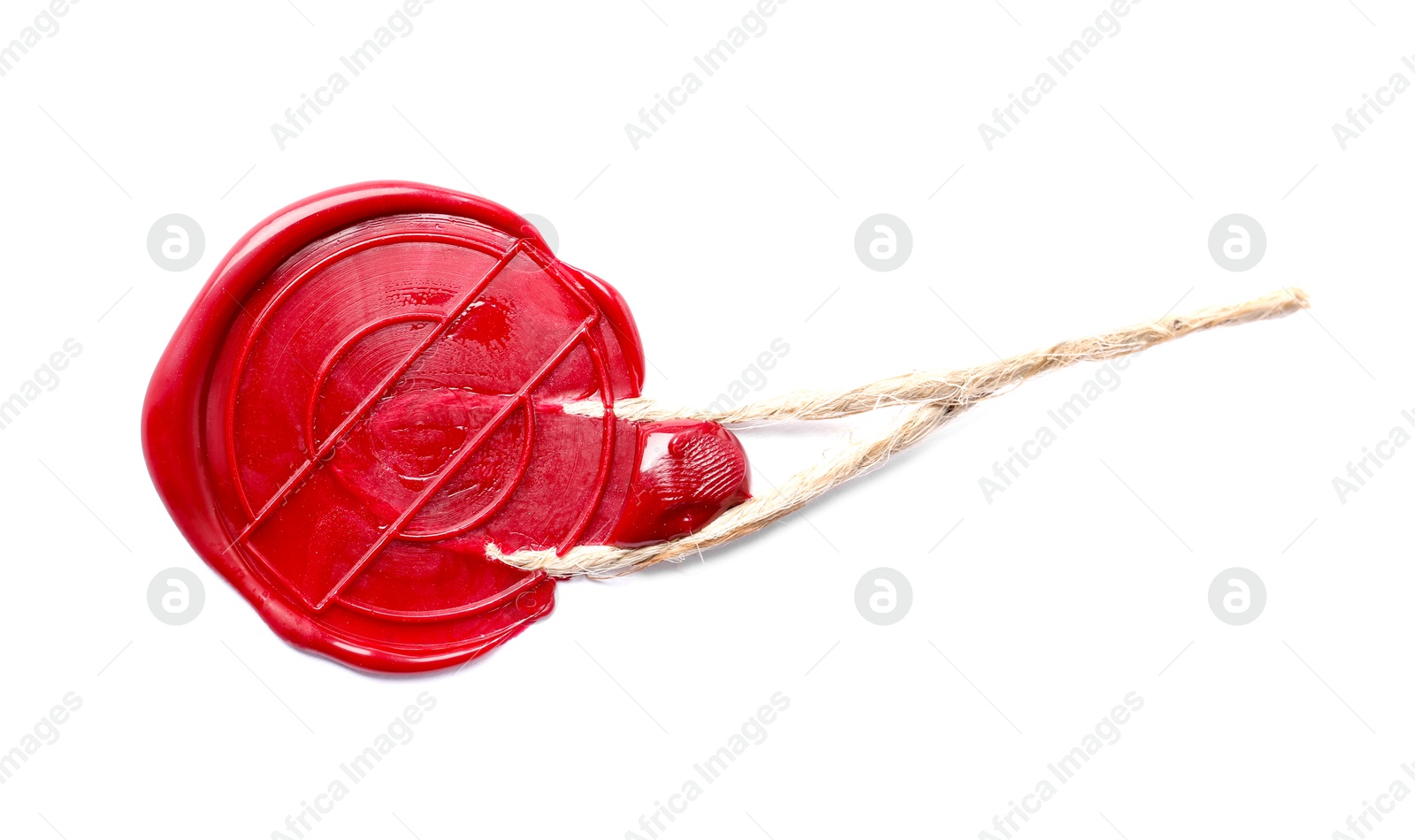 Red wax seal with twine isolated on white, top view Photo of Red wax seal with twine isolated on white, top view