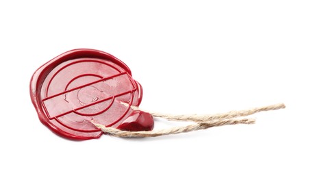 Photo of Red wax seal with twine isolated on white
