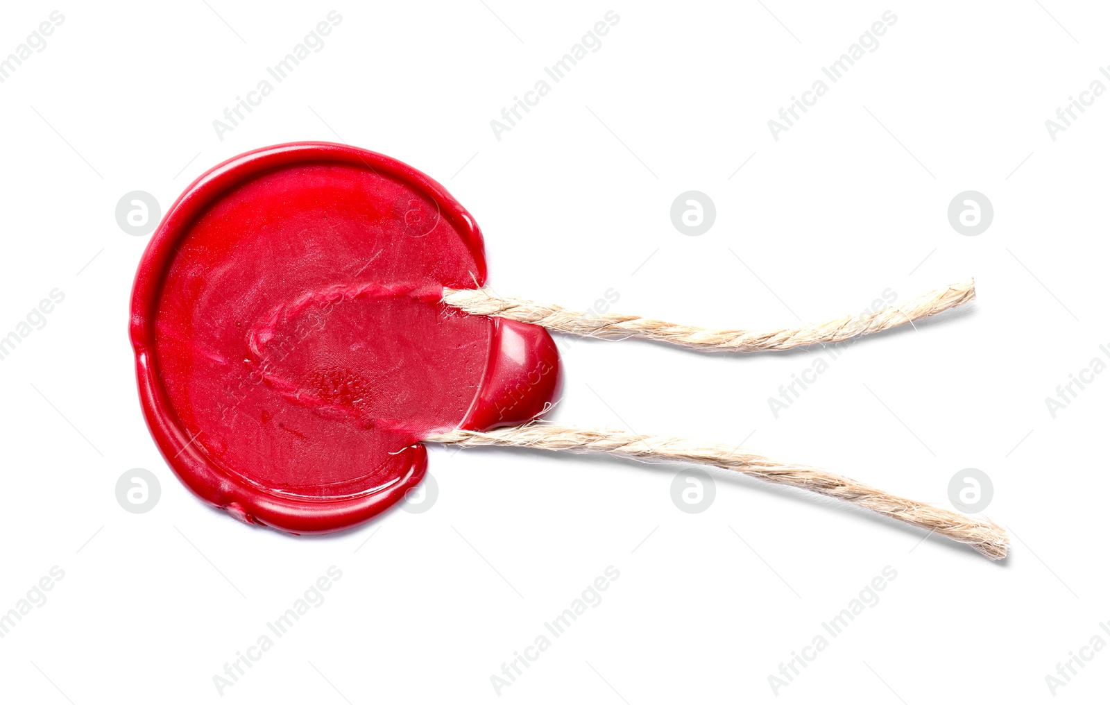 Red wax seal with twine isolated on white, top view Photo of Red wax seal with twine isolated on white, top view