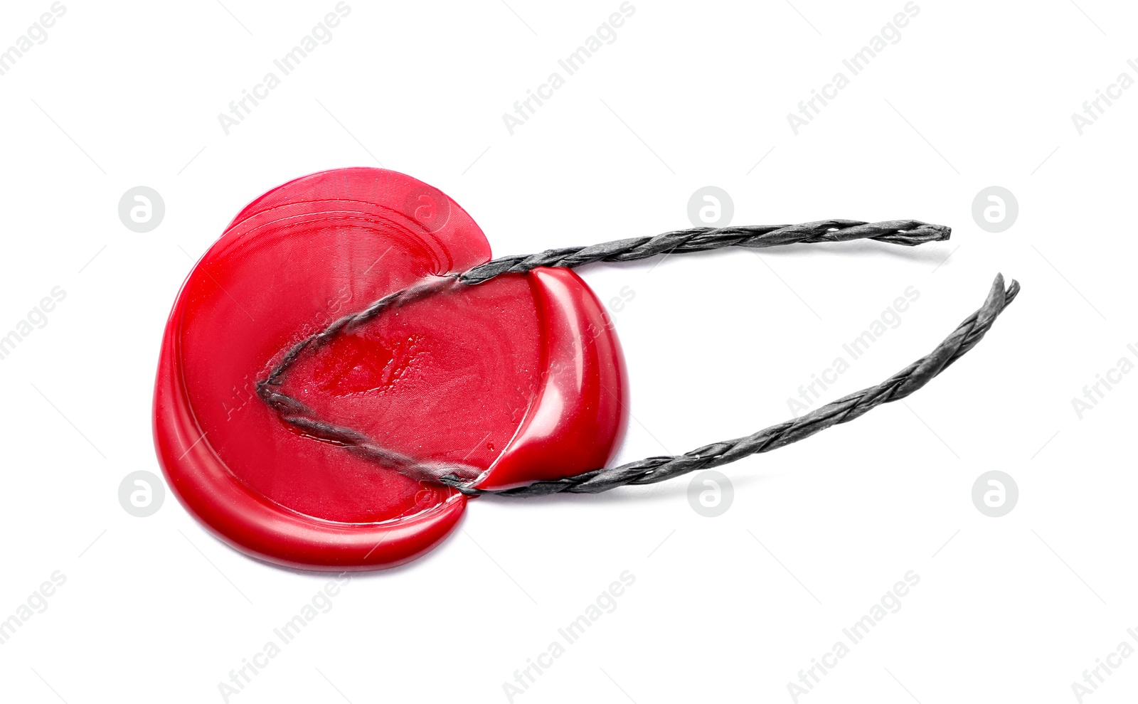 Red wax seal with twine isolated on white, above view Photo of Red wax seal with twine isolated on white, above view