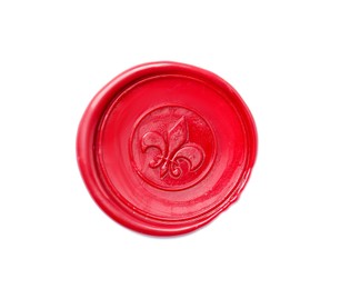 Photo of One red wax seal isolated on white, top view