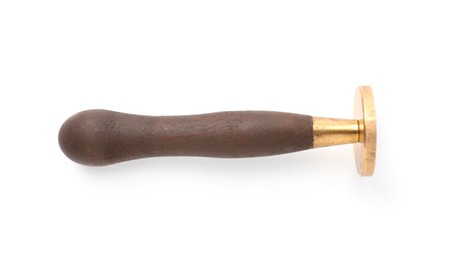 Photo of One wax stamp with wooden handle isolated on white, top view