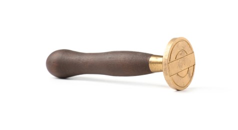 Photo of One wax stamp with wooden handle isolated on white