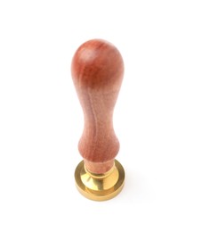 Photo of One wax stamp with wooden handle isolated on white