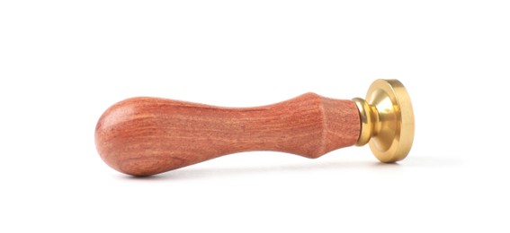 Photo of One wax stamp with wooden handle isolated on white
