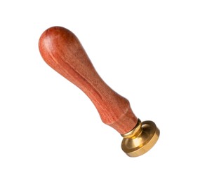 Photo of One wax stamp with wooden handle isolated on white