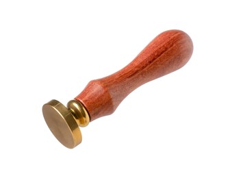 Photo of One wax stamp with wooden handle isolated on white