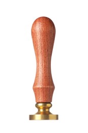 Photo of One wax stamp with wooden handle isolated on white