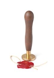 Photo of Beautiful wax stamp and red seal with twine isolated on white