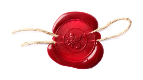 Photo of Red wax seal with twine isolated on white, top view