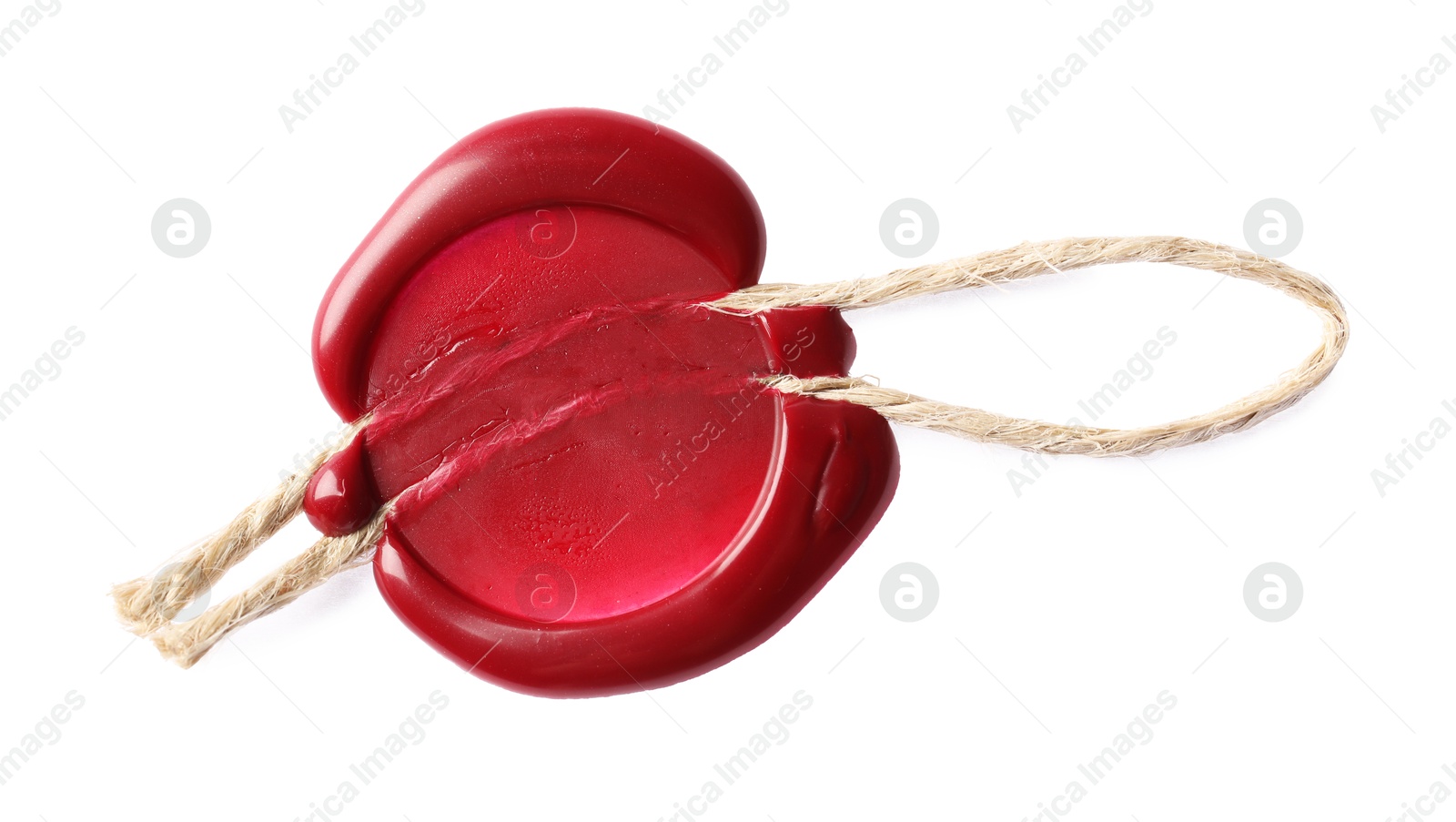 Red wax seal with twine isolated on white, top view Photo of Red wax seal with twine isolated on white, top view