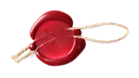 Photo of Red wax seal with twine isolated on white, top view