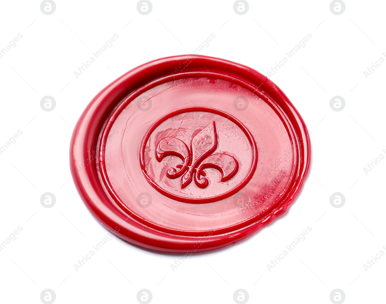 One red wax seal isolated on white, above view Photo of One red wax seal isolated on white, above view