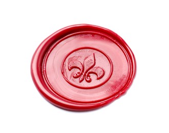 Photo of One red wax seal isolated on white, above view