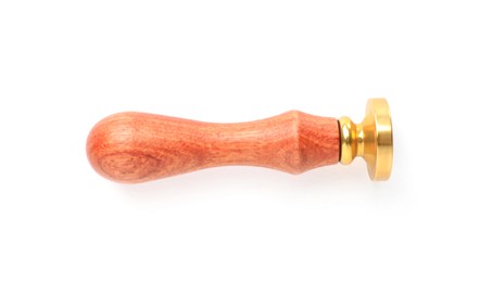 Photo of One wax stamp with wooden handle isolated on white, top view