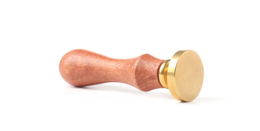 Photo of One wax stamp with wooden handle isolated on white