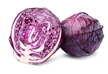 Photo of Whole and cut fresh red cabbages isolated on white