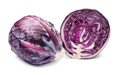 Photo of Whole and cut fresh red cabbages isolated on white