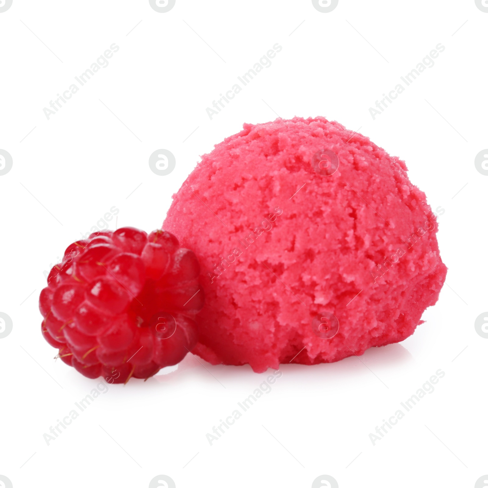 Scoop of delicious raspberry sorbet and fresh berry isolated on white Photo of Scoop of delicious raspberry sorbet and fresh berry isolated on white