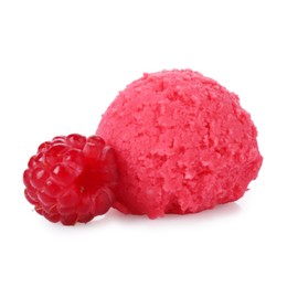 Photo of Scoop of delicious raspberry sorbet and fresh berry isolated on white