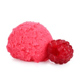 Photo of Scoop of delicious raspberry sorbet and fresh berry isolated on white