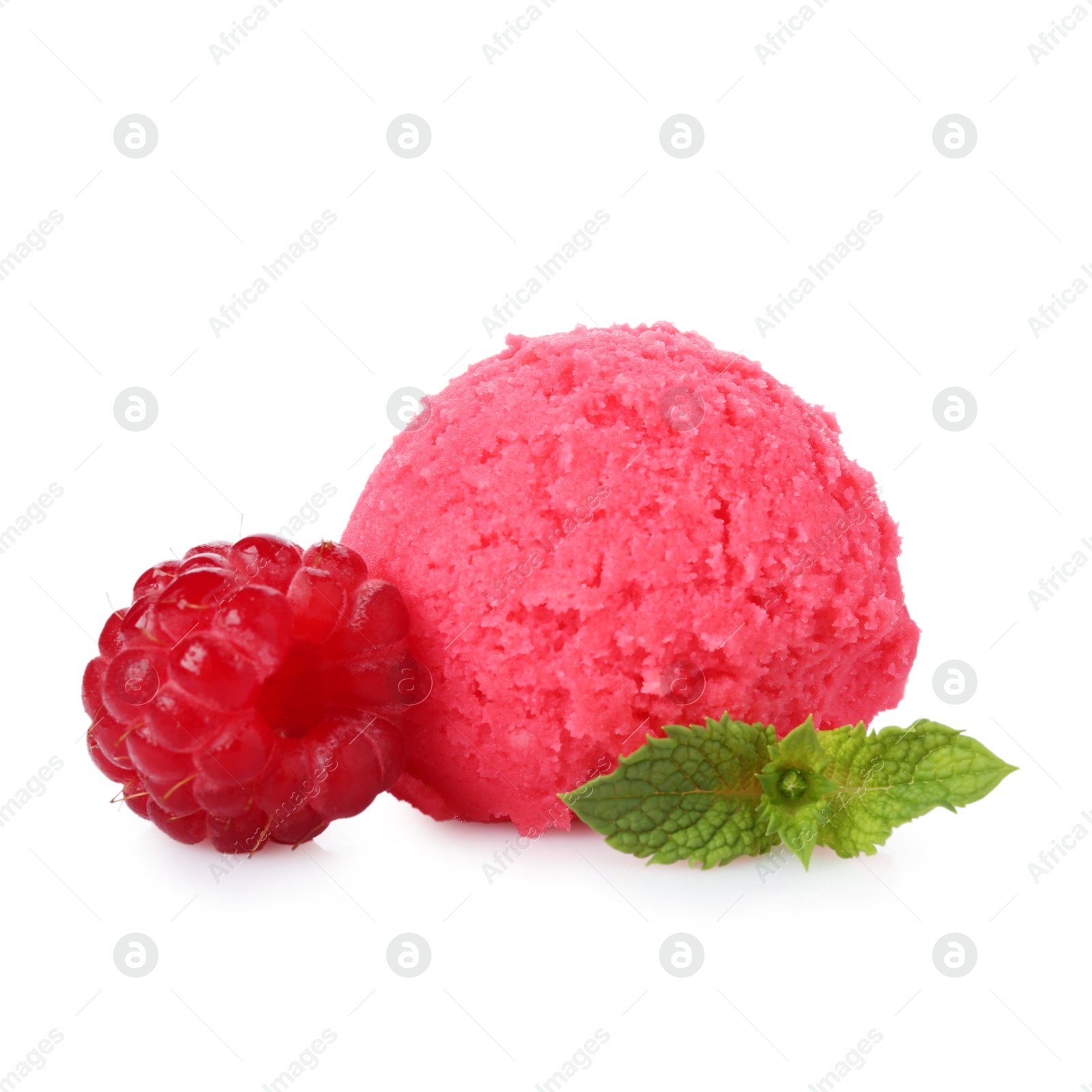 Photo of Scoop of delicious raspberry sorbet, fresh berry and mint isolated on white