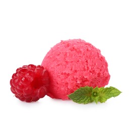 Photo of Scoop of delicious raspberry sorbet, fresh berry and mint isolated on white