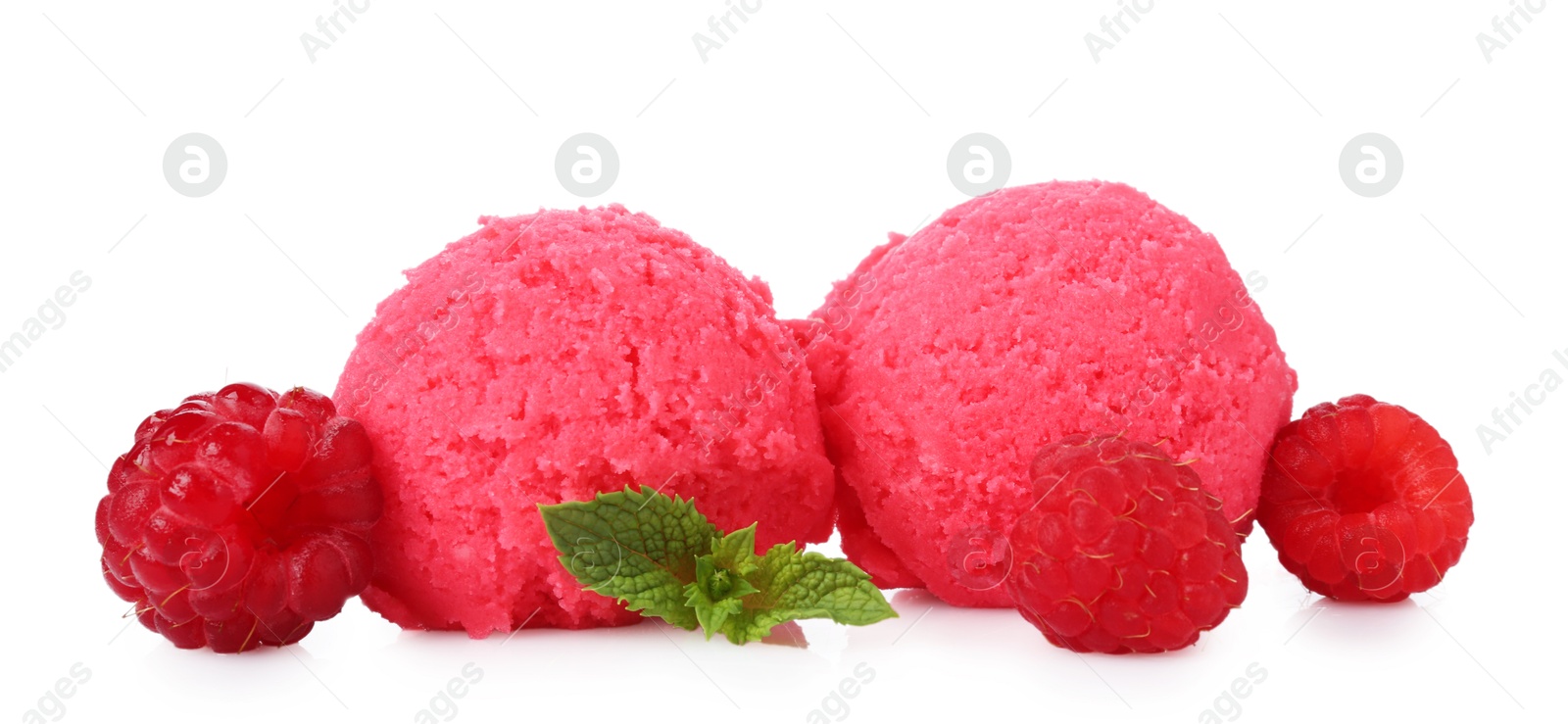Photo of Scoops of tasty raspberry sorbet, fresh berries and mint isolated on white