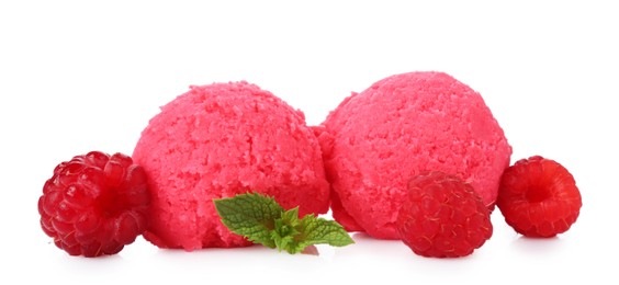 Photo of Scoops of tasty raspberry sorbet, fresh berries and mint isolated on white
