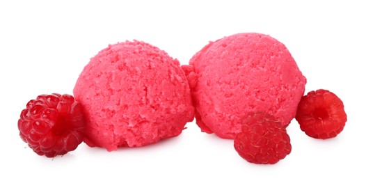 Photo of Delicious raspberry sorbet and fresh berries isolated on white